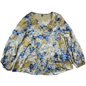 Eleventy Tan Blue Floral‎ Pure Silk Longsleeve V Neck Blouse Size 2 NWT
